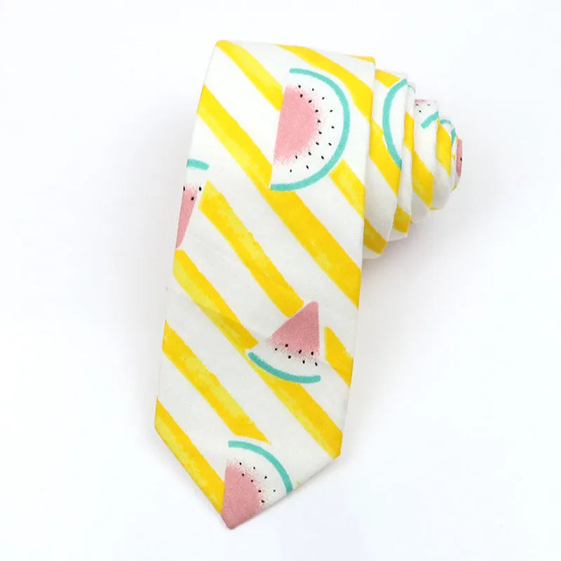 Men's narrow cotton bow tie in a cartoon print with an adjustable knot, shown in a selection of colours.