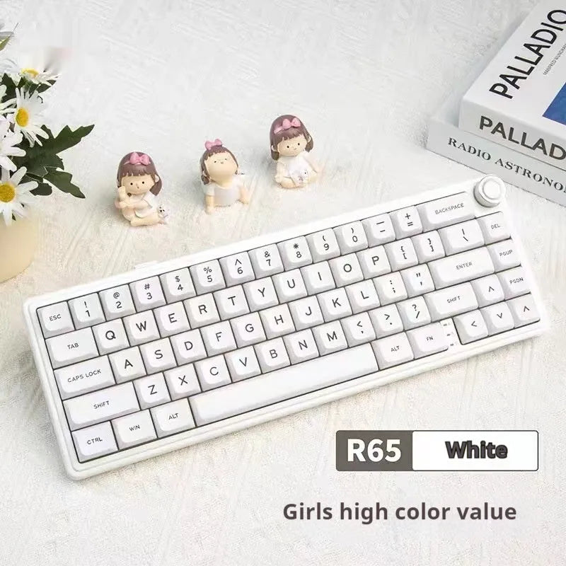 Wireless mechanical keyboard with RGB backlighting in a white colour option on a desk.