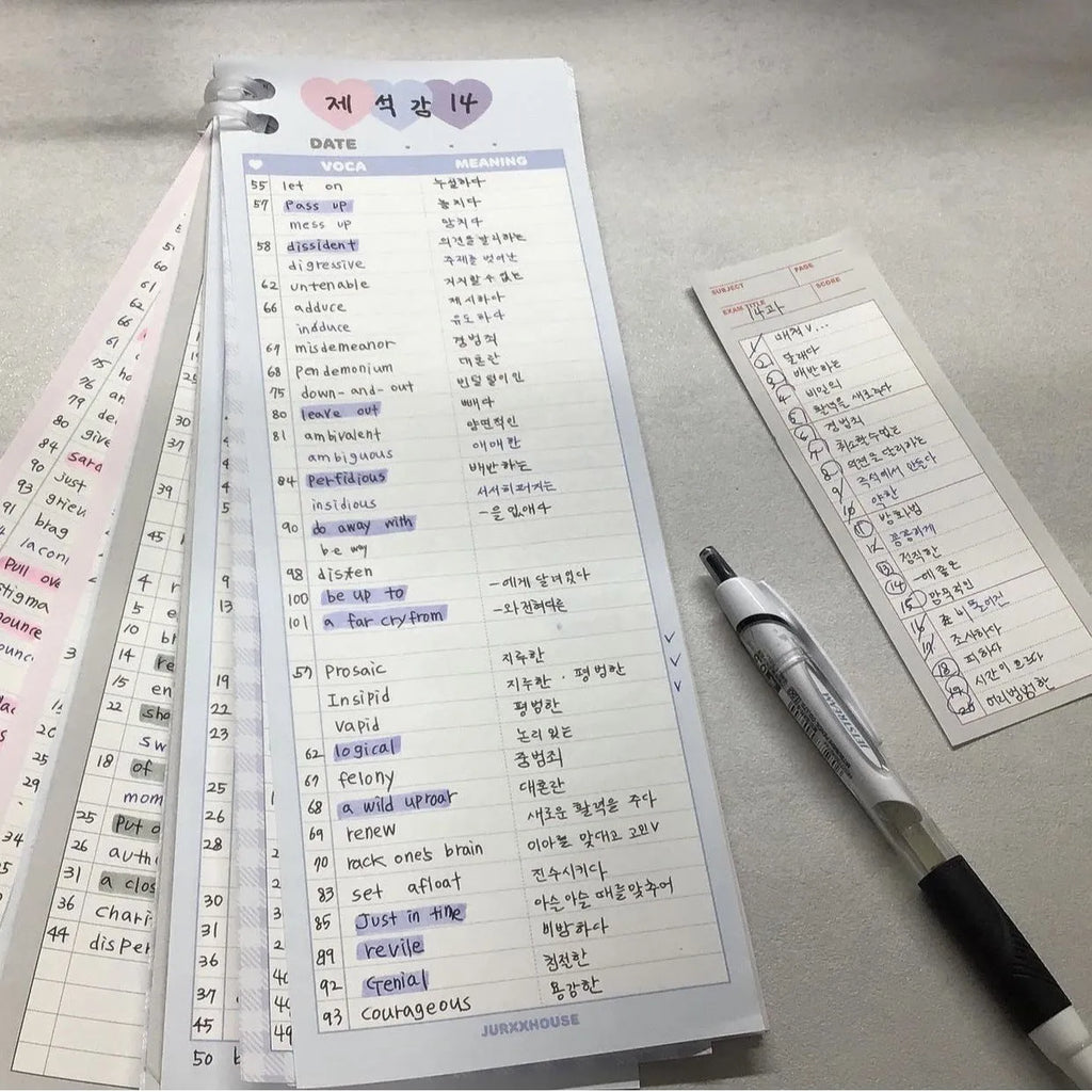 Vertical format English word notepad in half B5 size with double-sided printing and colour-coded cover