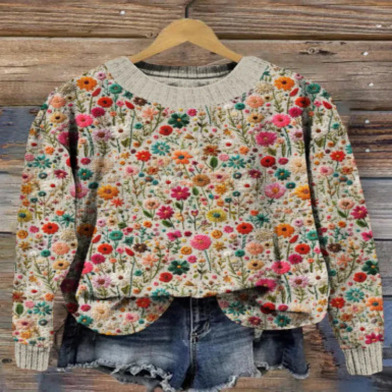 Little Flower digital printed round neck polyester sweater shown in one of twelve available colours.