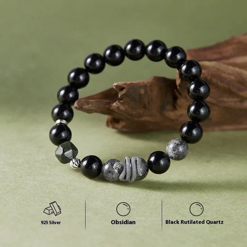 S925 sterling silver men's bracelet with obsidian black hair crystal and retro snake birth year design