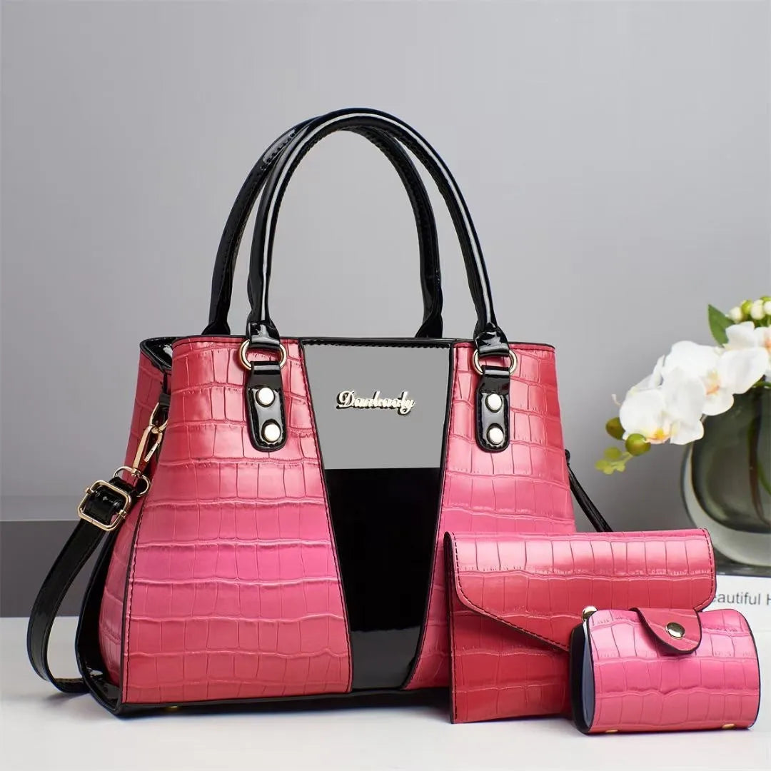 Women's crocodile stitch three-piece shoulder bag set in PU with small bag and card bag