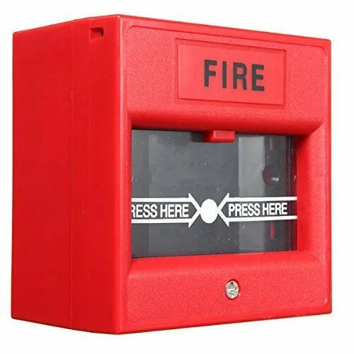 Red wired break glass emergency fire alarm button on white background