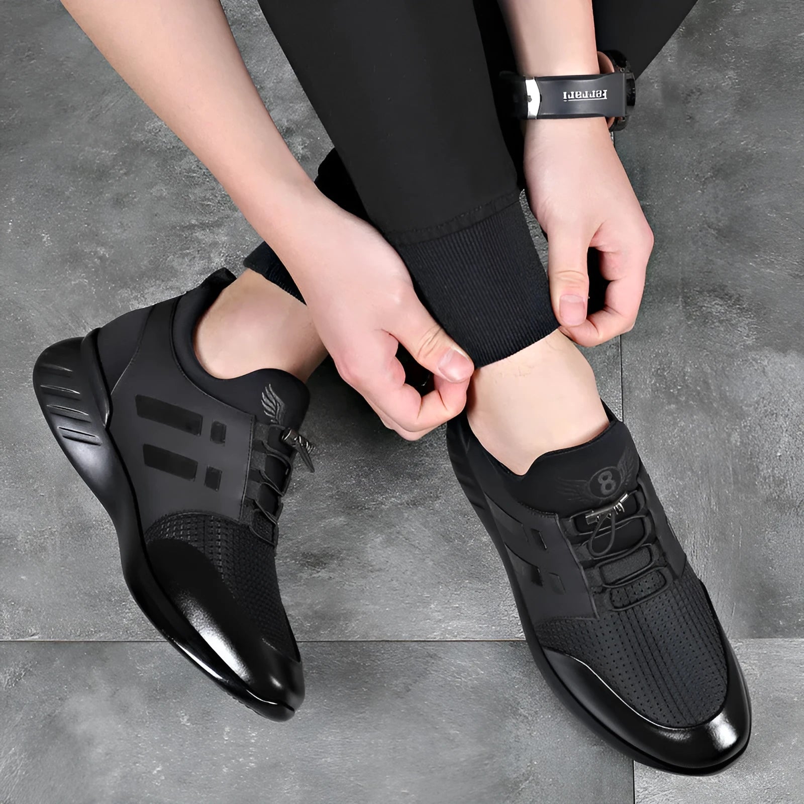 Men's black height increasing casual shoes with hidden 8cm heel in leather or mesh options