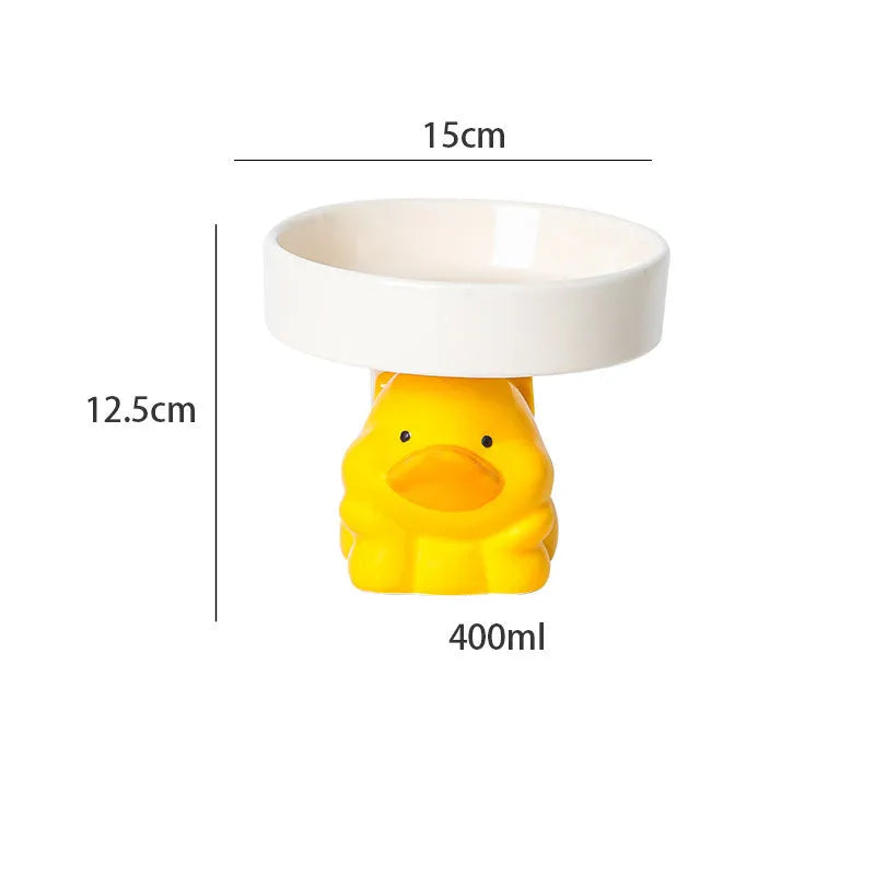 Ceramic raised cat bowl in animal theme design on a floor