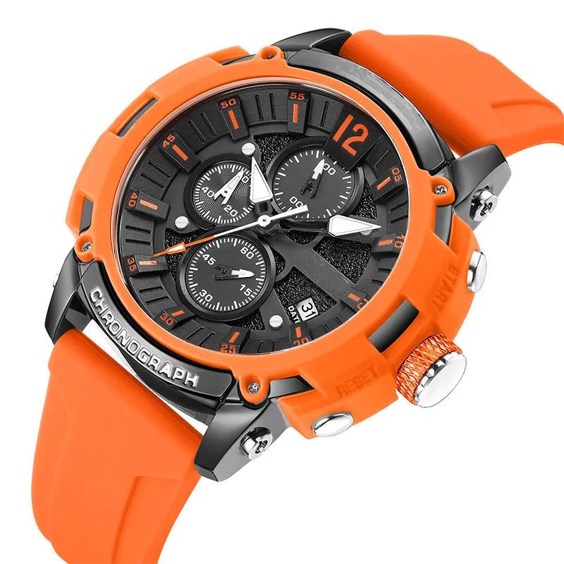 Men's waterproof quartz watch with luminous display and calendar functions on wrist