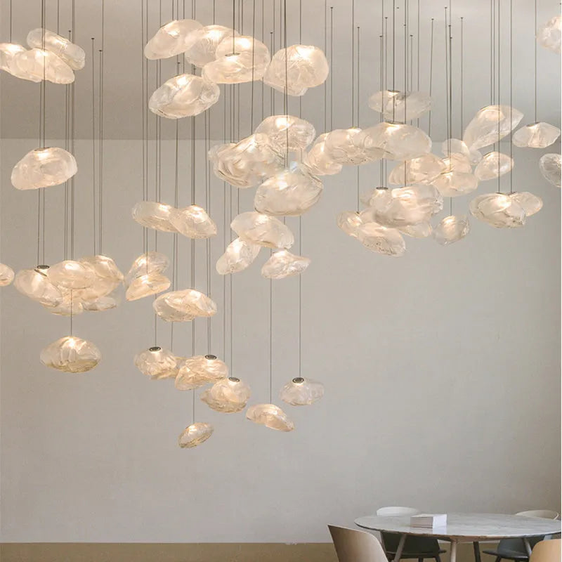 Glass shade decorative chandelier with fabric elements and E27 lamp holder in modern style
