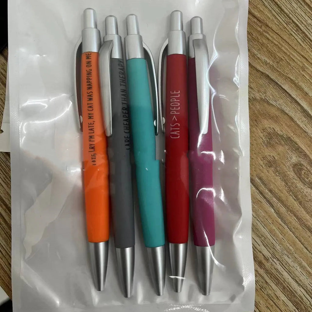 Set of five automatic push-action pens with cats or dogs designs in beaded storage bag
