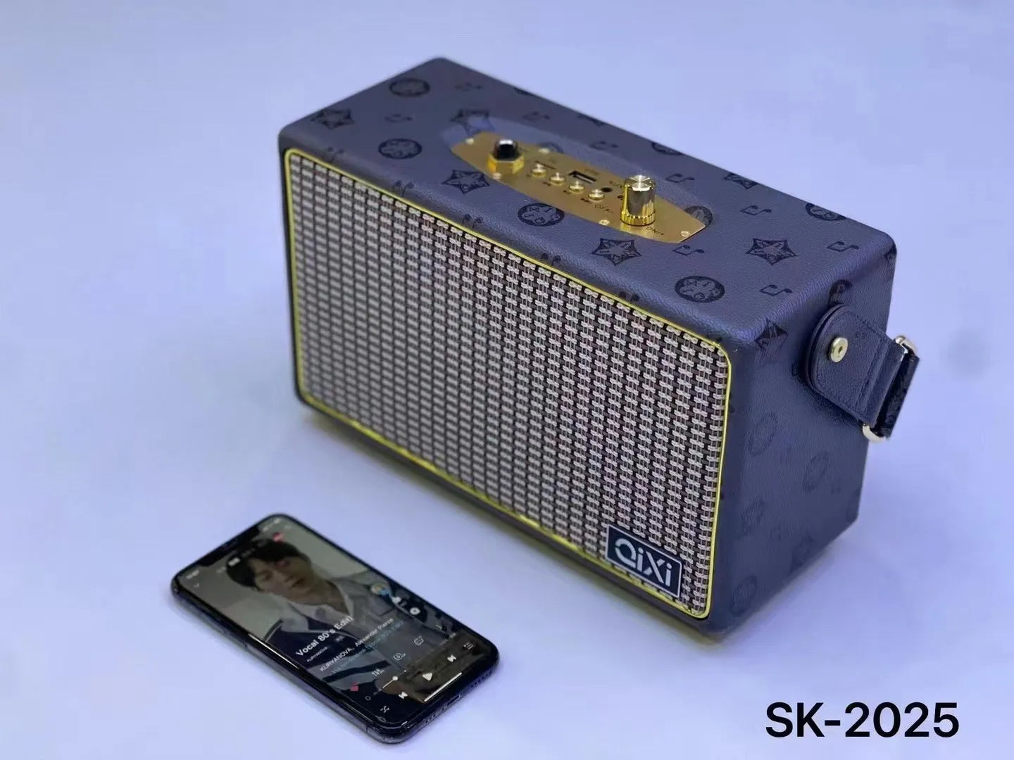 Red leather pattern mini portable Bluetooth speaker card design with dual speakers and microphone option