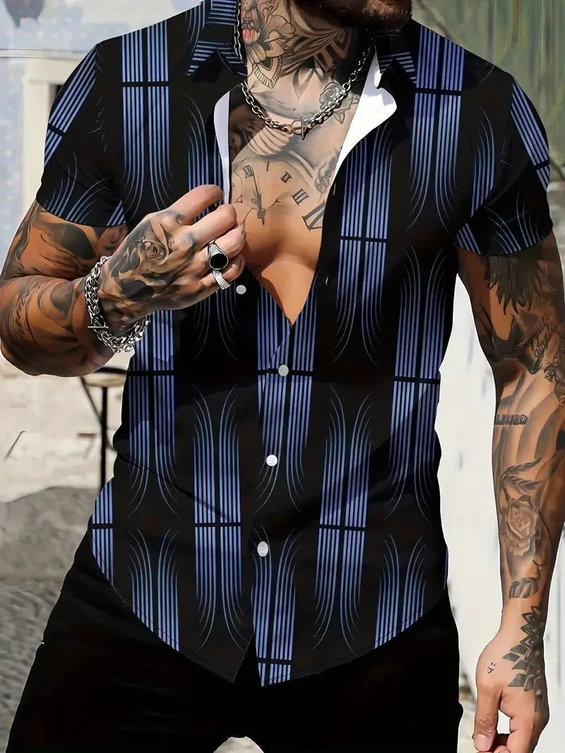 Men's slim fit geometric print lapel shirt in lightweight polyester fabric for summer casual wear