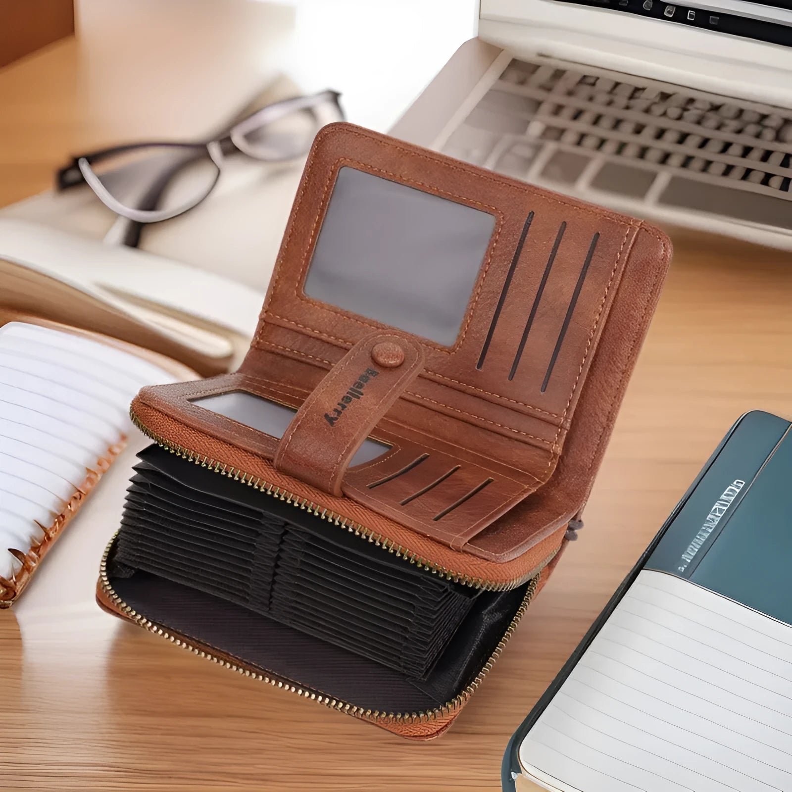 Women's black PU leather zipper coin purse with integrated card slots open.