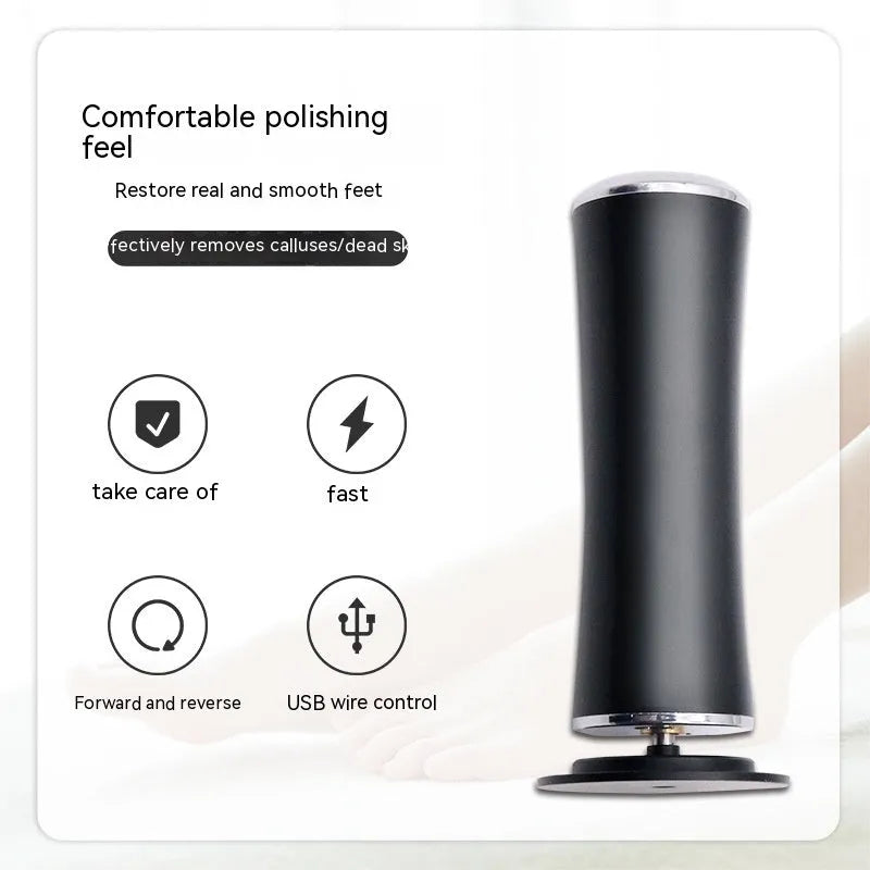 Electric foot callus remover with sandpaper disc attached for removing dead skin and calluses from heels