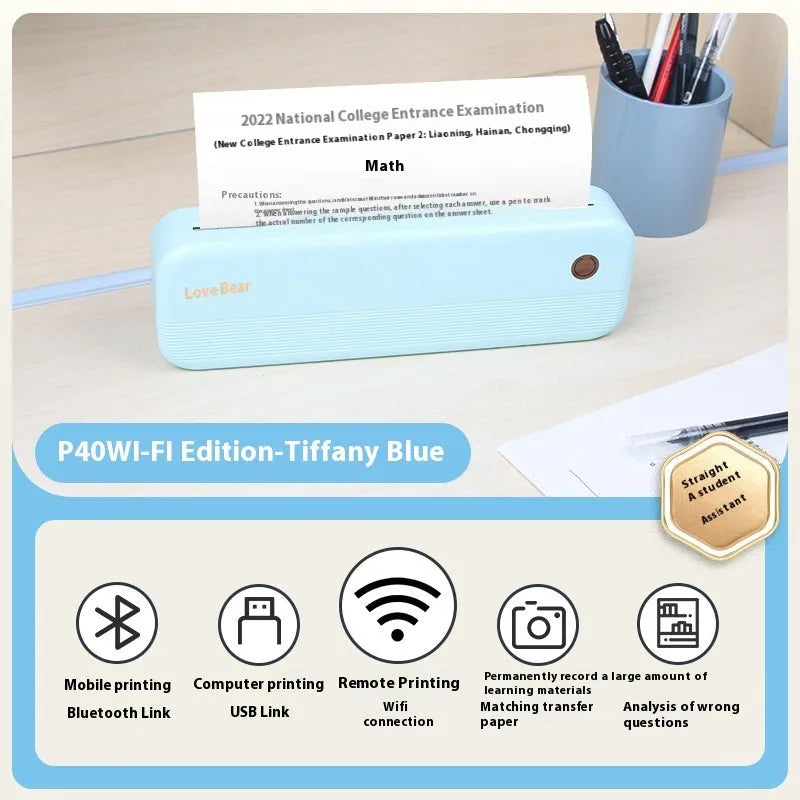 Ailixiong P40 mini portable A4 thermal printer in blue or white, showing compact size.