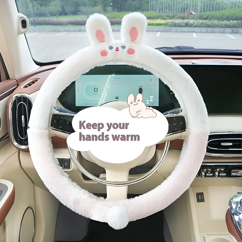 38cm plush thermal car steering wheel cover with embroidered cartoon animal designs