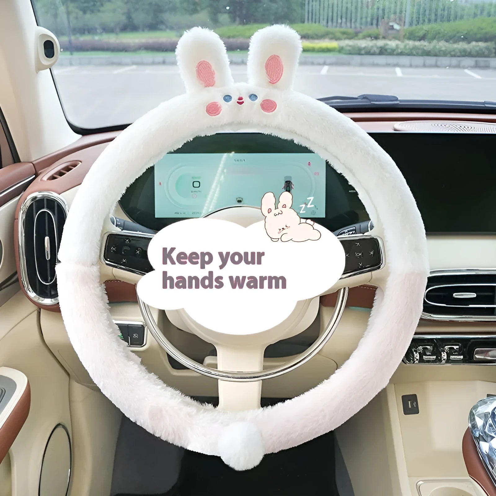 38cm plush thermal car steering wheel cover with embroidered cartoon animal designs