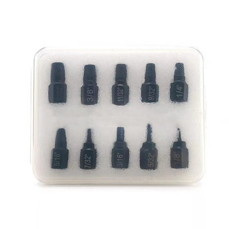 10-piece metal screw extractor set for removing broken bolts and damaged screws