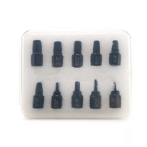 10-piece metal screw extractor set for removing broken bolts and damaged screws