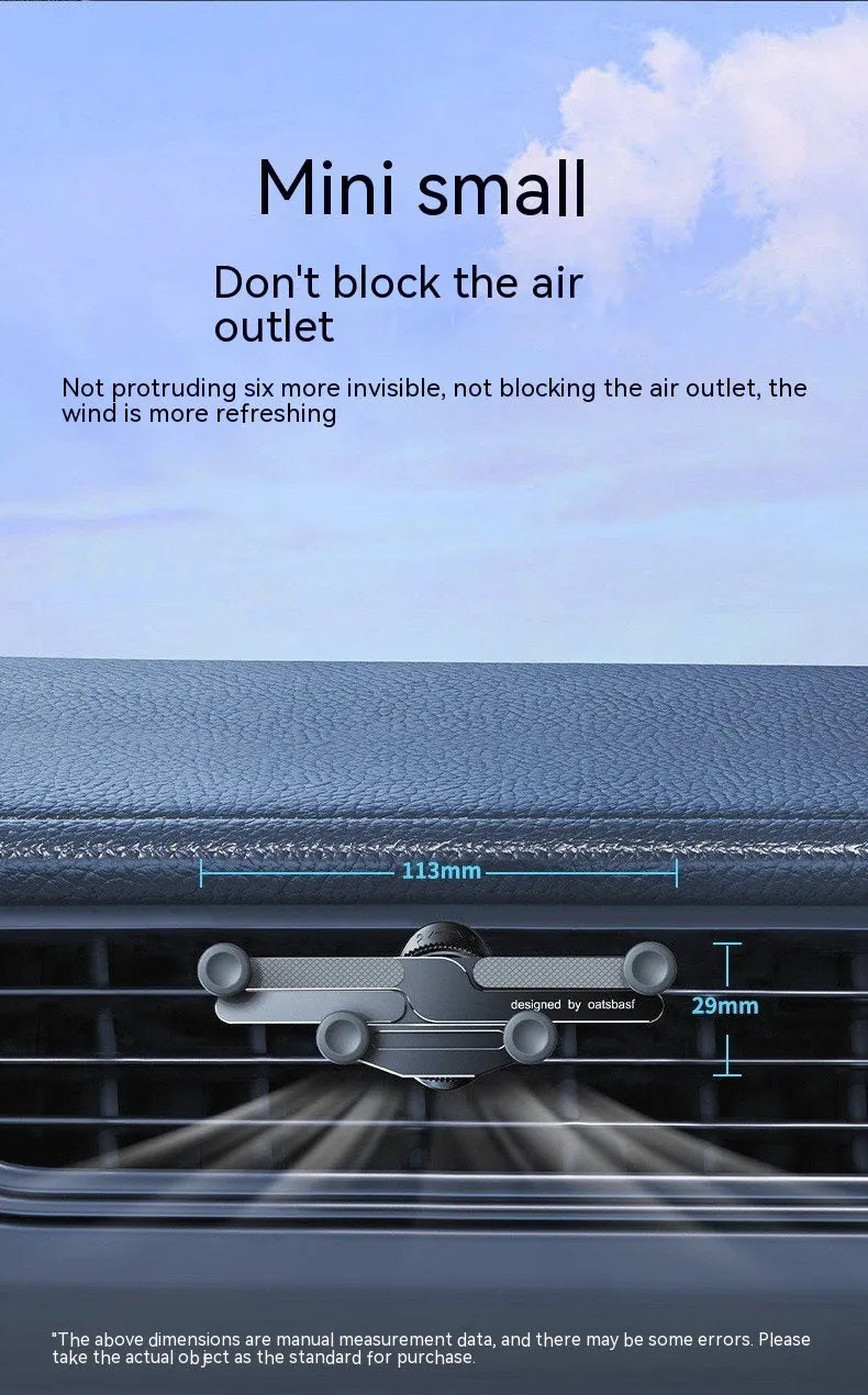 Silver aluminum alloy car air vent phone holder bracket with snap-on clip.