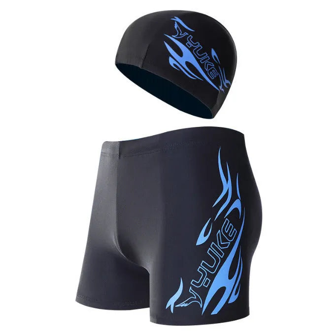 Men's plus size polyester swimming trunks with fire pattern design on black background