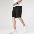 Men's polyester five-point shorts in army green, straight leg, mid-waist