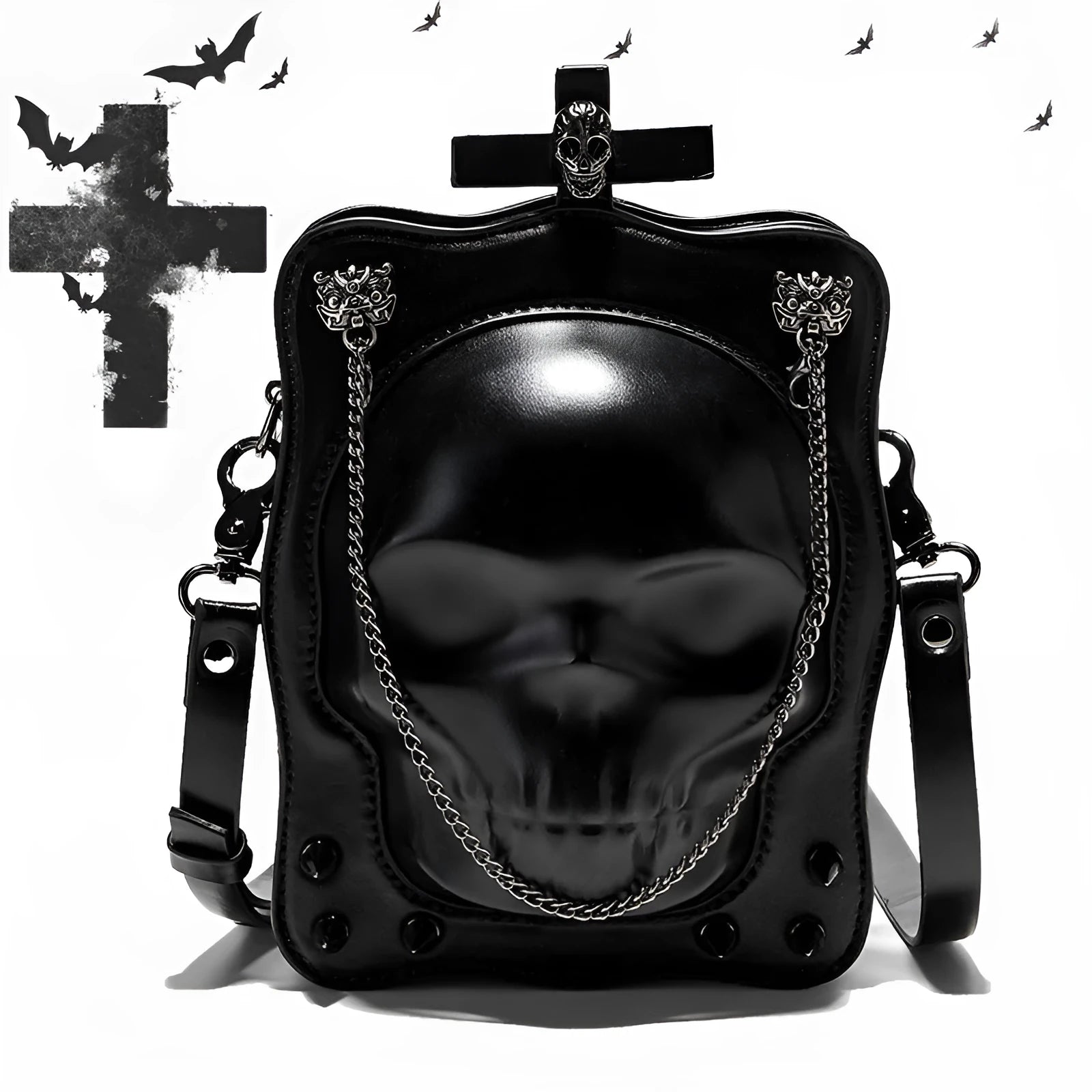 Black Gothic skull crossbody bag with embossed design, square shape, and chain detailing