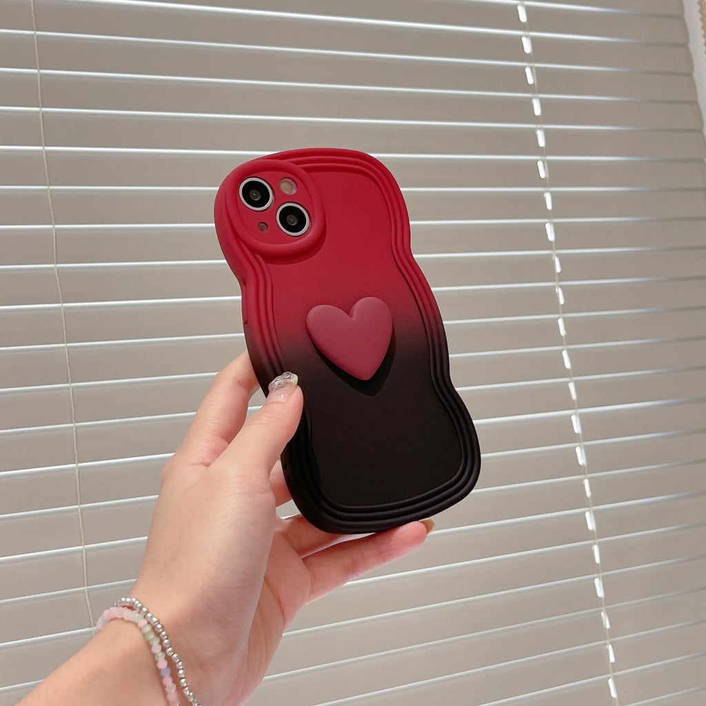 Liquid silicone wavy edge love gradient phone case for iPhone in red gradient black colour