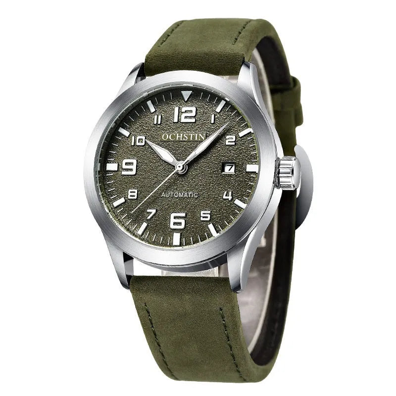 Men's silver case Army Green dial automatic watch with brown leather strap on wrist