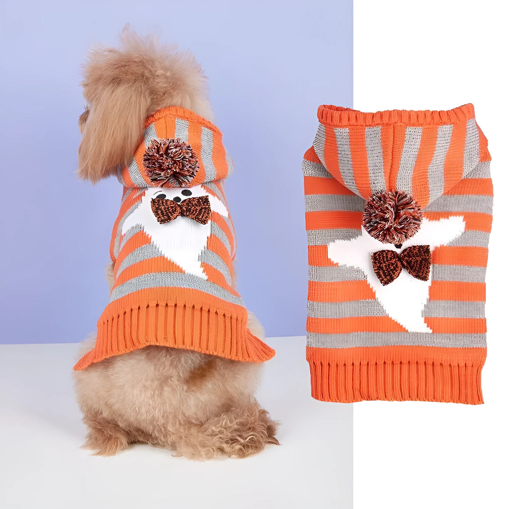 Orange striped Halloween hooded sweater for pets with fur balls on a hanger