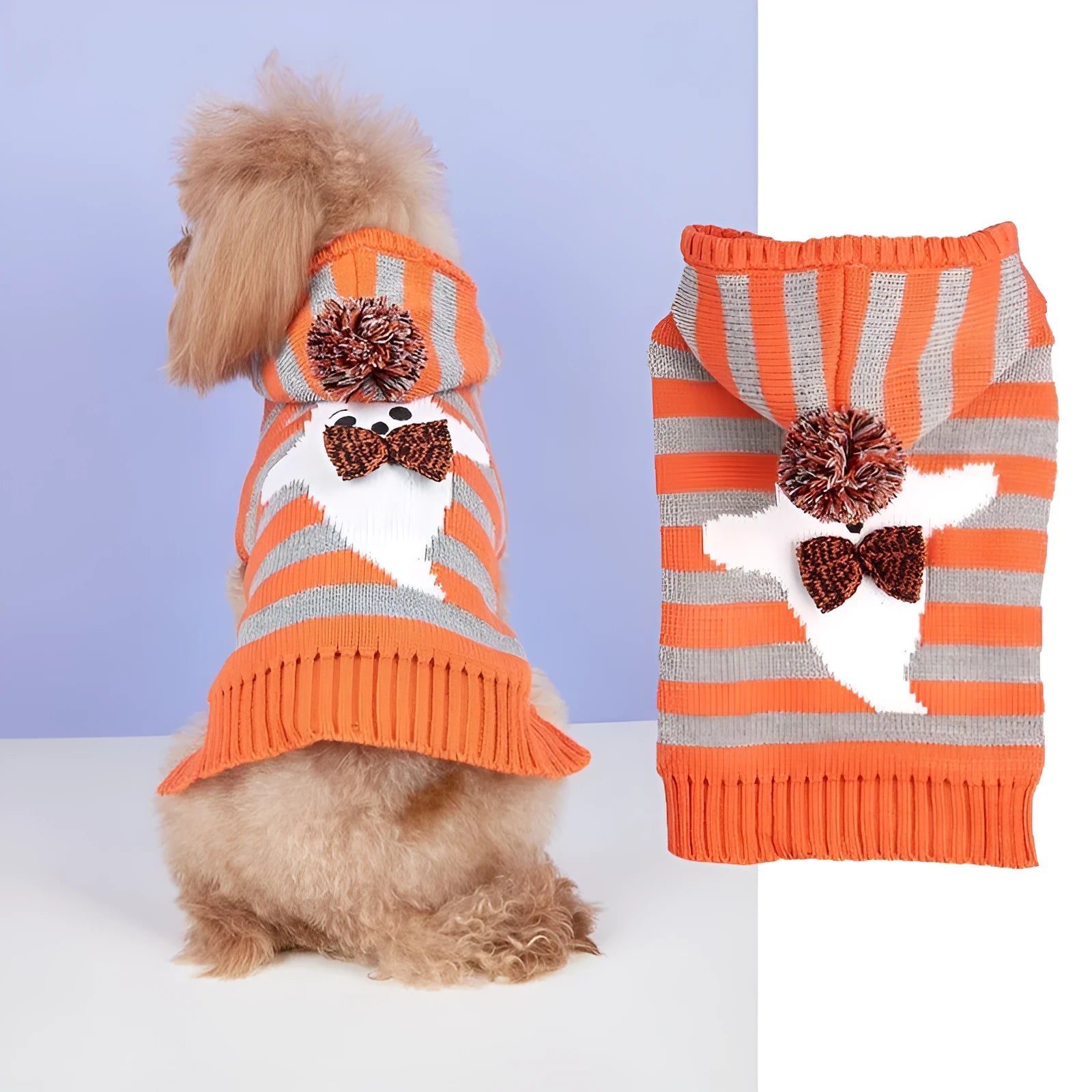 Orange striped Halloween hooded sweater for pets with fur balls on a hanger