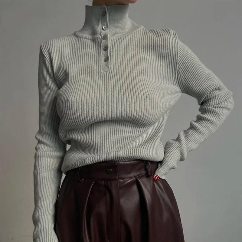 Women's retro breasted half turtleneck pullover sweater in spandex cotton blend fabric