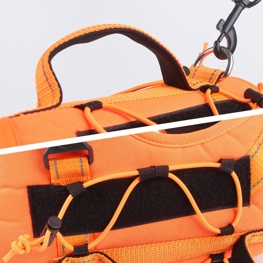 Orange explosion-proof dog harness vest with reflective strips and a black hand grip rope attached.