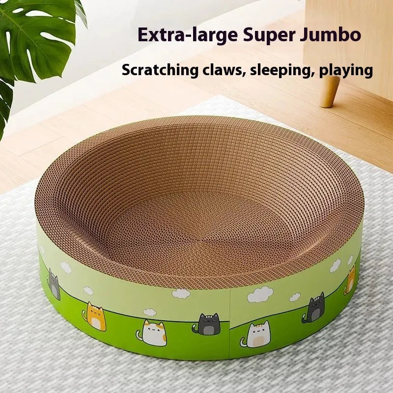 Large round deep pit cat scratch board made from corrugated paper, shown in a cute style.