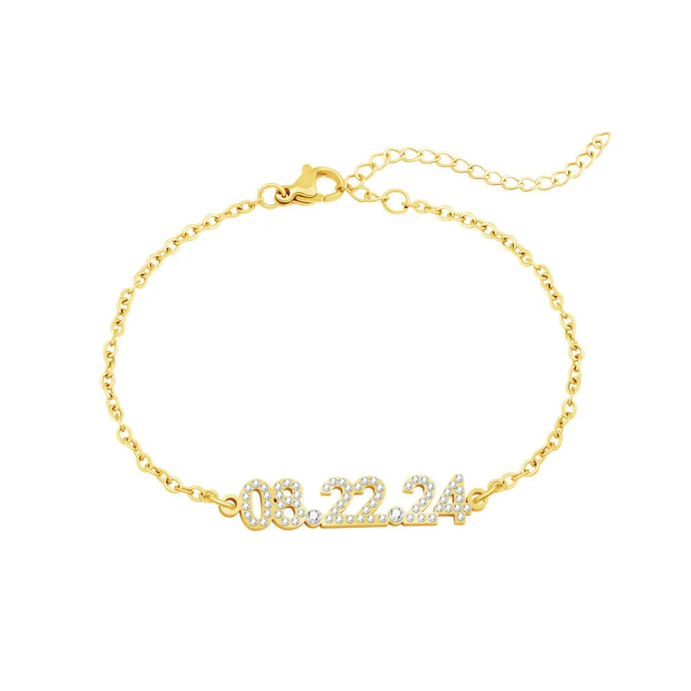 Stainless steel digital bracelet with diamond-set numbers on display, shown in rose gold, gold, and steel colour variants.