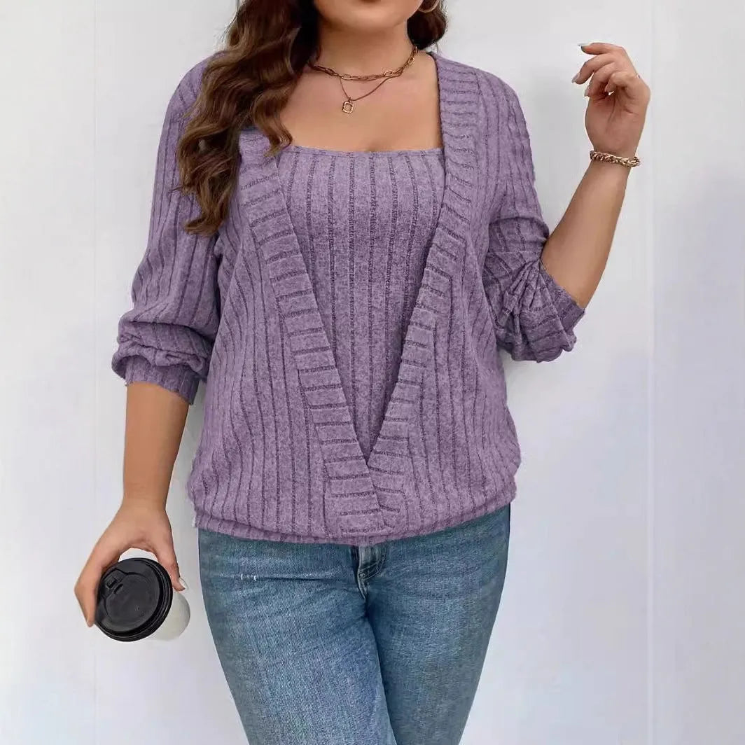 Solid colour rib fabric false two-piece suit with V-neck and long sleeves in loose fit