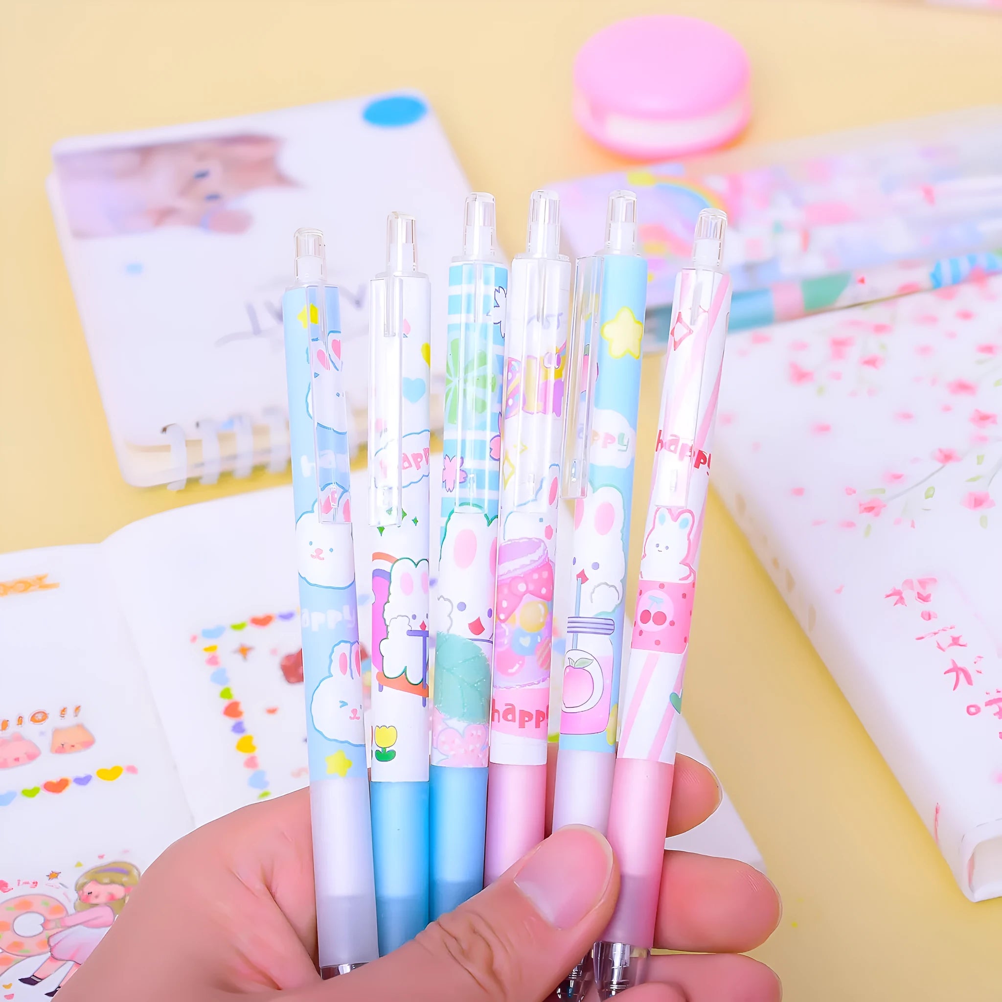 Six cartoon bunny design pens with 0.5mm black ink refills for student and office stationery