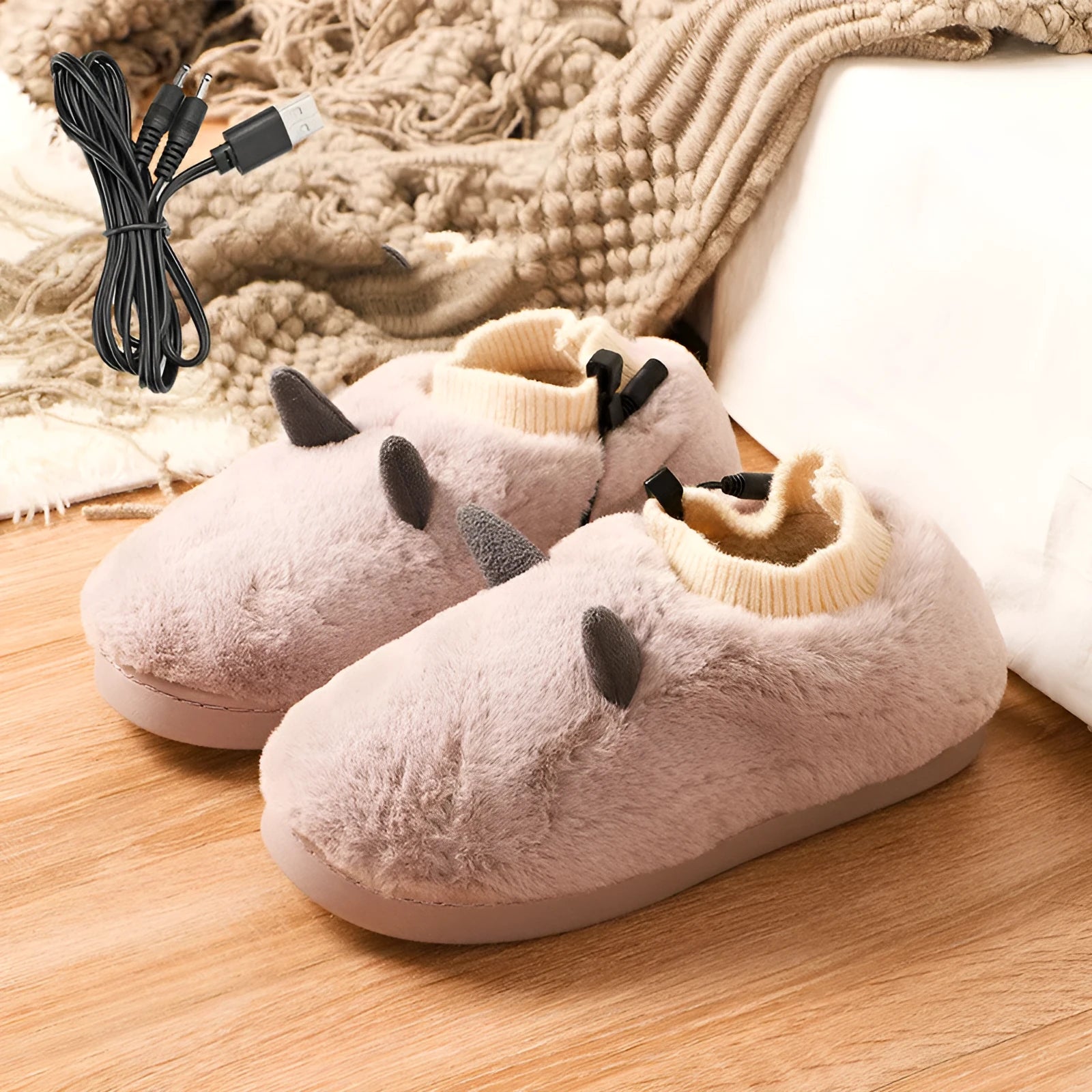 USB electric heating slippers in soft velvet, showing adjustable temperature controls and a connected USB cable.