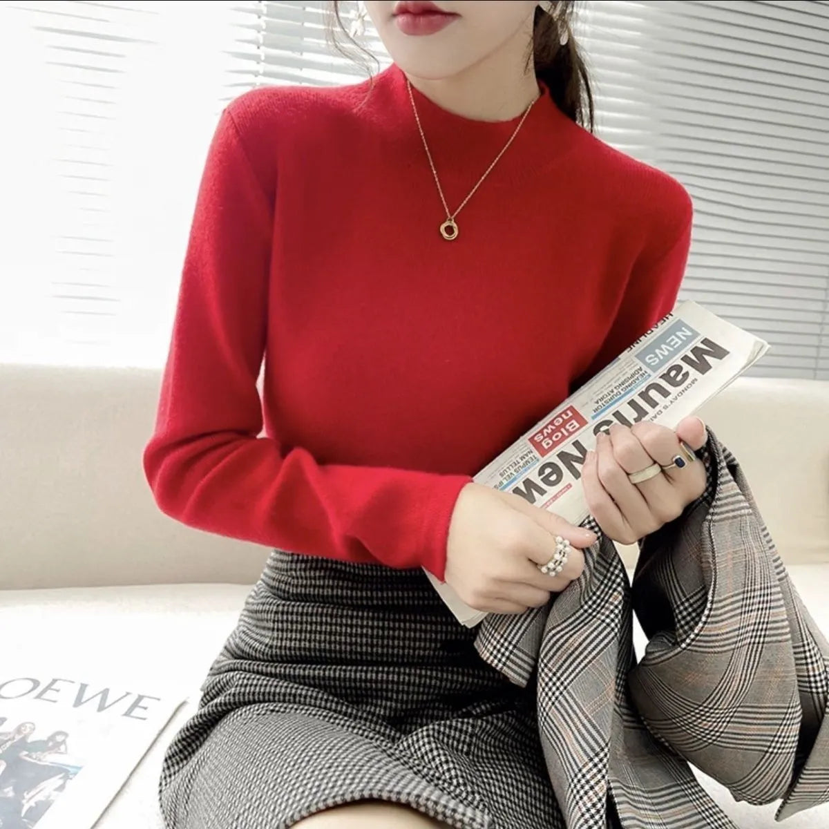 Slim fit viscose bottoming shirt in apricot colour with long sleeves