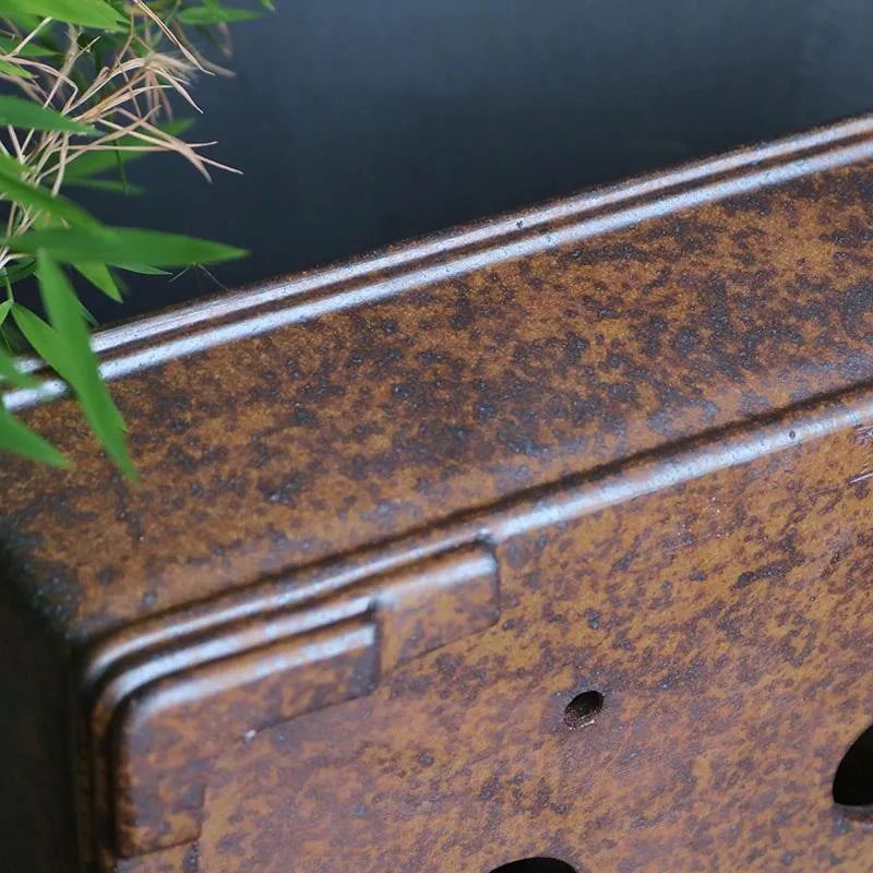 Purple sand rectangular bonsai basin shown in two sizes for floor-standing plant display.