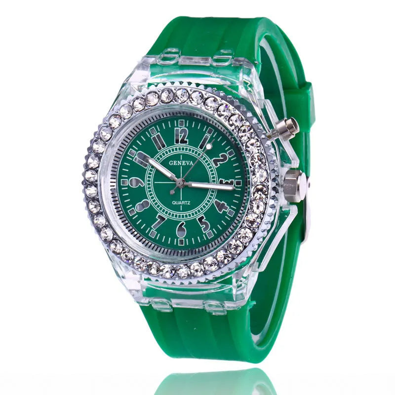 Women's luminous quartz watch with round 43mm alloy case and silicone strap in multiple colours