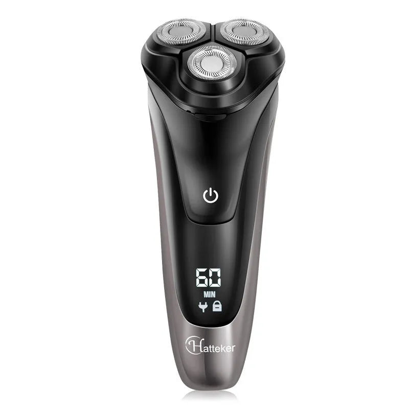 Men's electric shaver with three floating heads, pop-up sideburn trimmer, USB cable, and cleaning brush