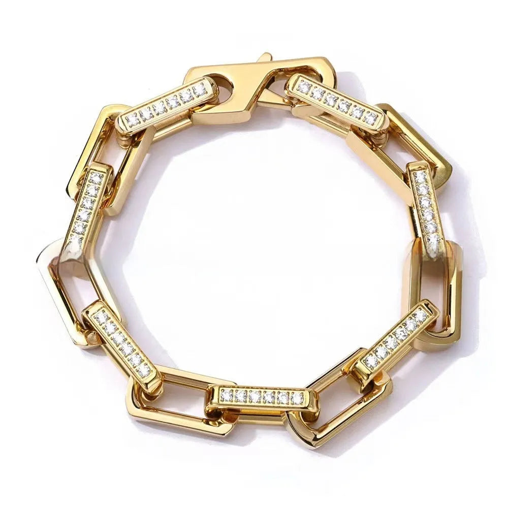 Bamboo titanium steel bracelet with diamonds in gold, irregular square geometric design