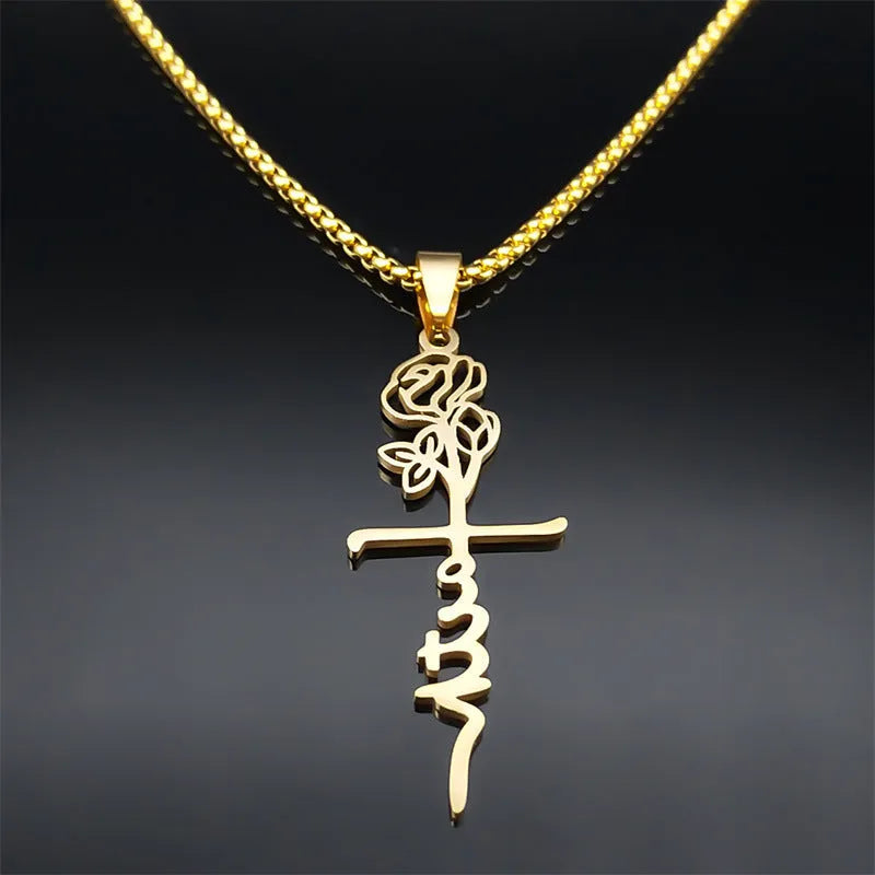 Cross rose necklace 18K gold with 925 silver pendant on stainless steel box chain 60cm length