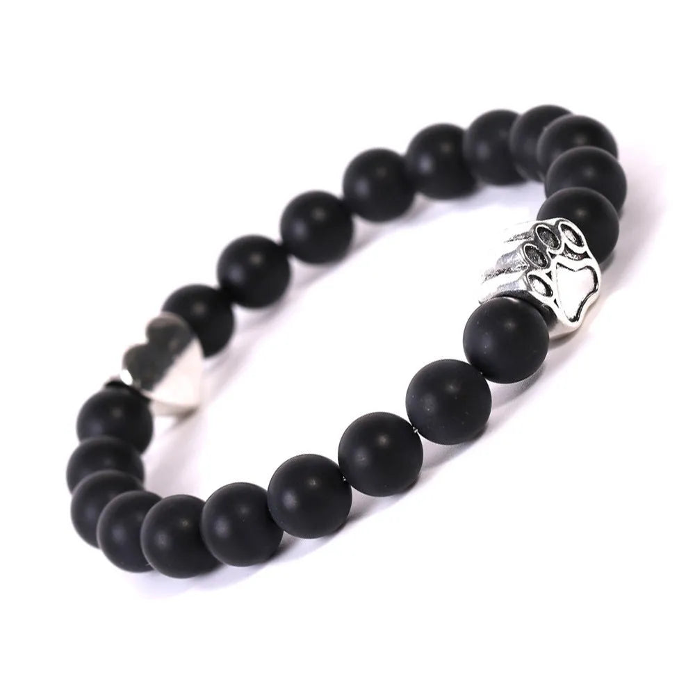Tigereye Indian agate stone bracelet with dog paw and love heart charms on geometric beaded design