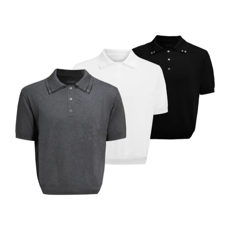 Men's black double collar short sleeve polyester shirt with lapel design