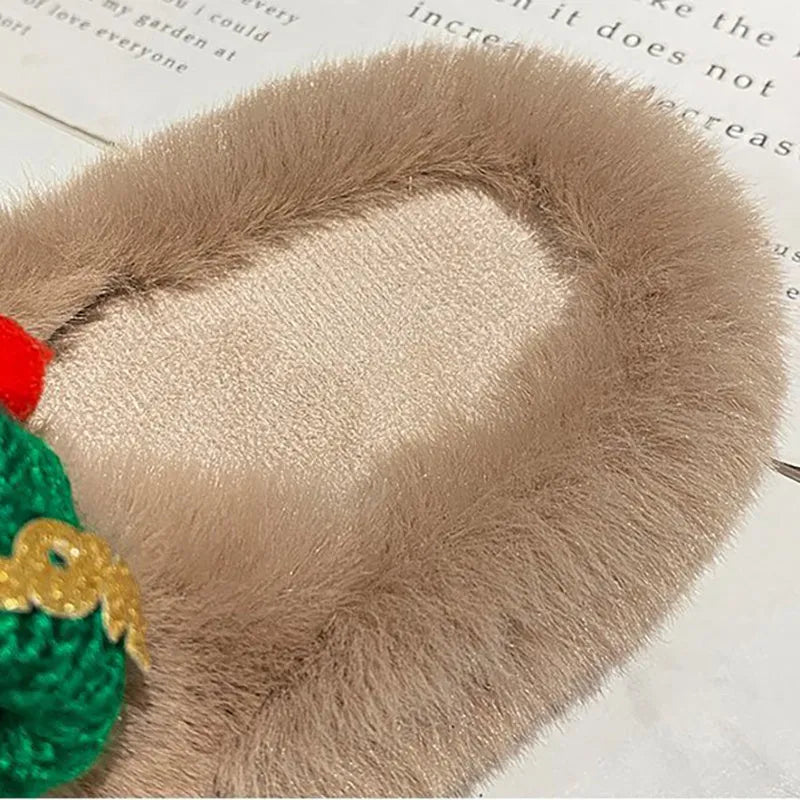 Women's Christmas hat decoration slippers in super hairy faux plush, shown in black, khaki, or white.