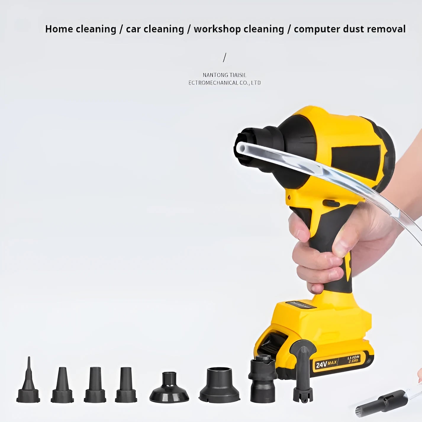 Yellow cordless dust gun with 680W power rating and adjustable air volume control for workshop and office cleaning.