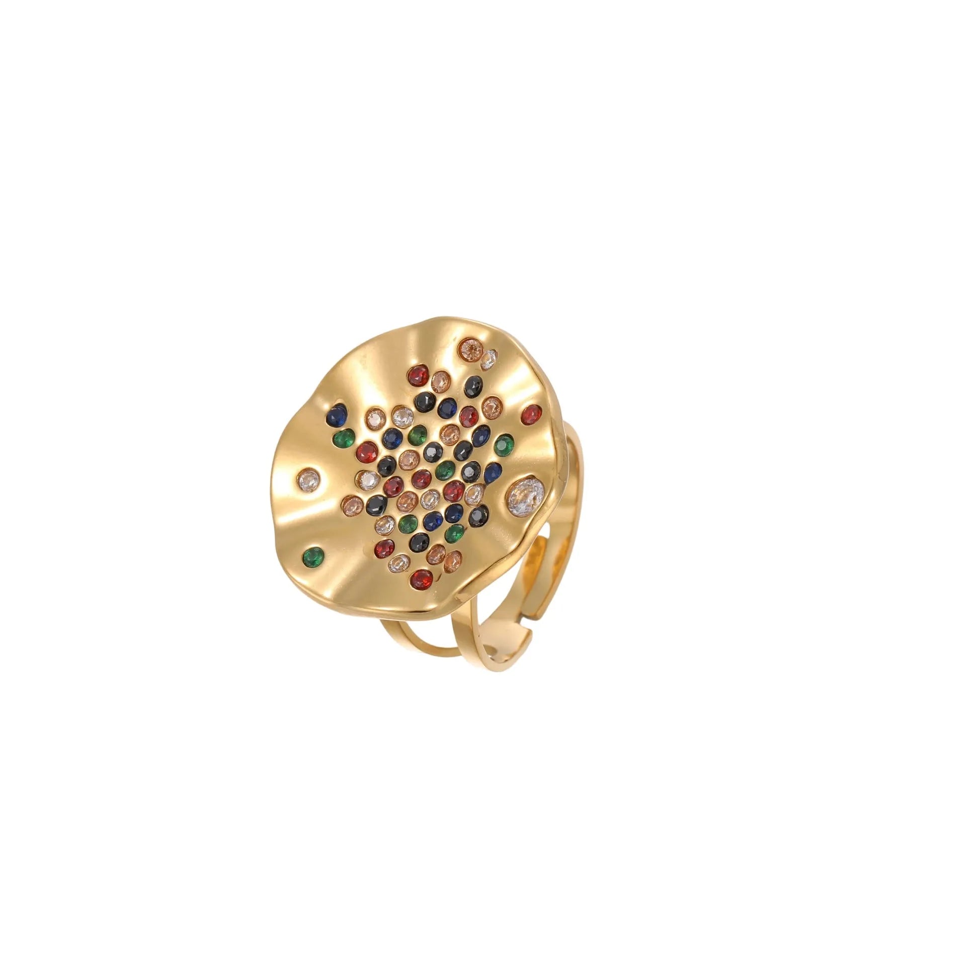 Geometric titanium steel ring with colourful crystal inlays and open mouth design