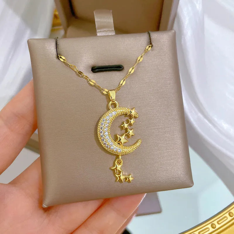 A218 stainless steel necklace with copper geometric moon pendant and diamond detailing