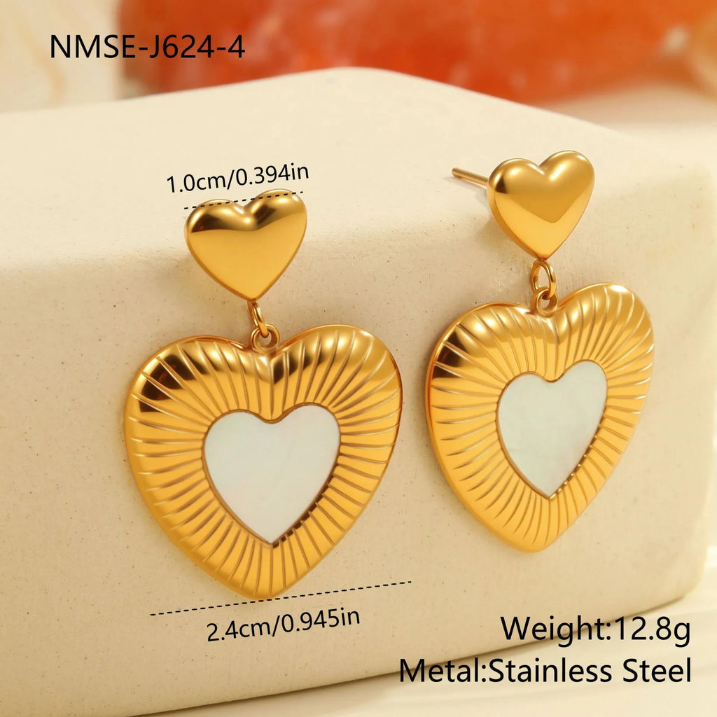 Gold electroplated heart-shaped earrings on stainless steel backing for women's fashion wear