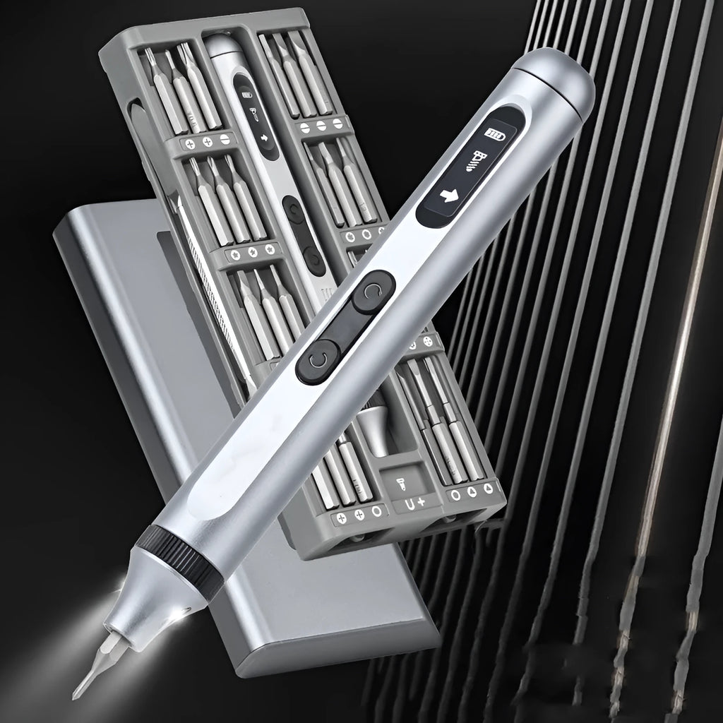 Precision electric screwdriver with aluminium handle showing scale against a ruler